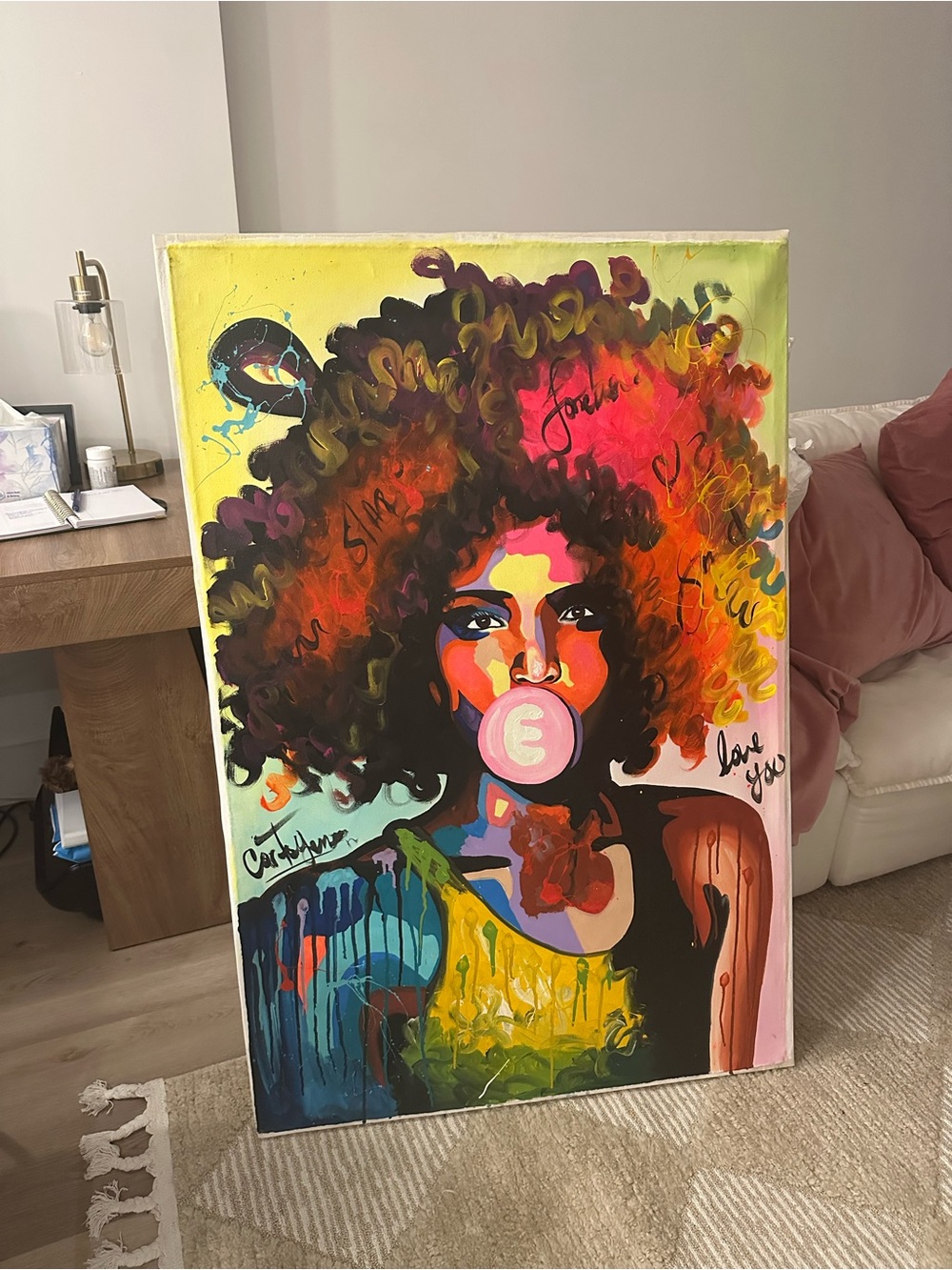 Vibrant Afro Pop Art Canvas 48” x 36” - Colorful Woman with Bubblegum